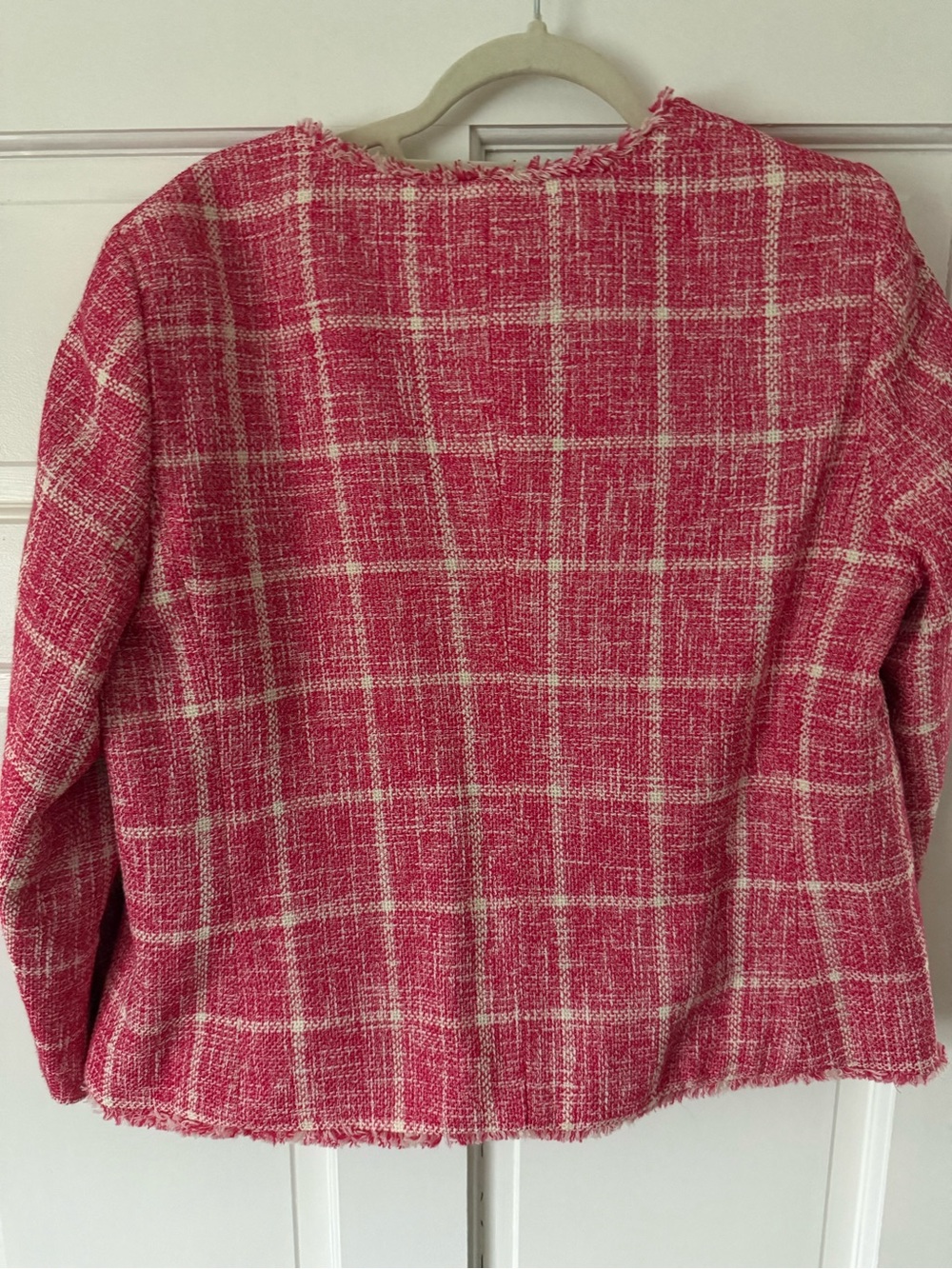 Talbots Pink windowpane Tweed Fringe-Trim Open-Front Jacket - Picture 3 of 4